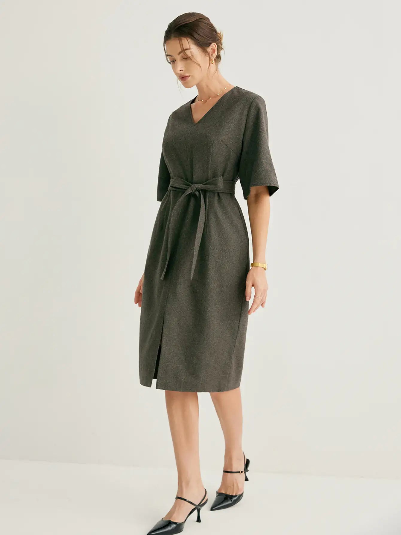 Wool-blend Flared Sleeves Slit Midi Dress With Belt