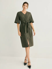 Wool-blend Flared Sleeves Slit Midi Dress With Belt