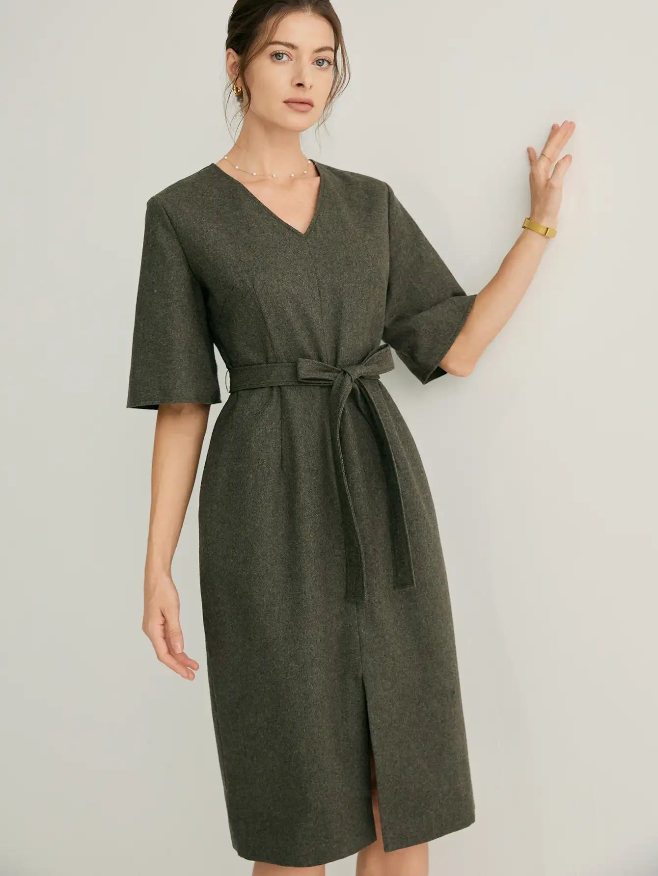 Wool-blend Flared Sleeves Slit Midi Dress With Belt