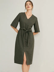 Wool-blend Flared Sleeves Slit Midi Dress With Belt