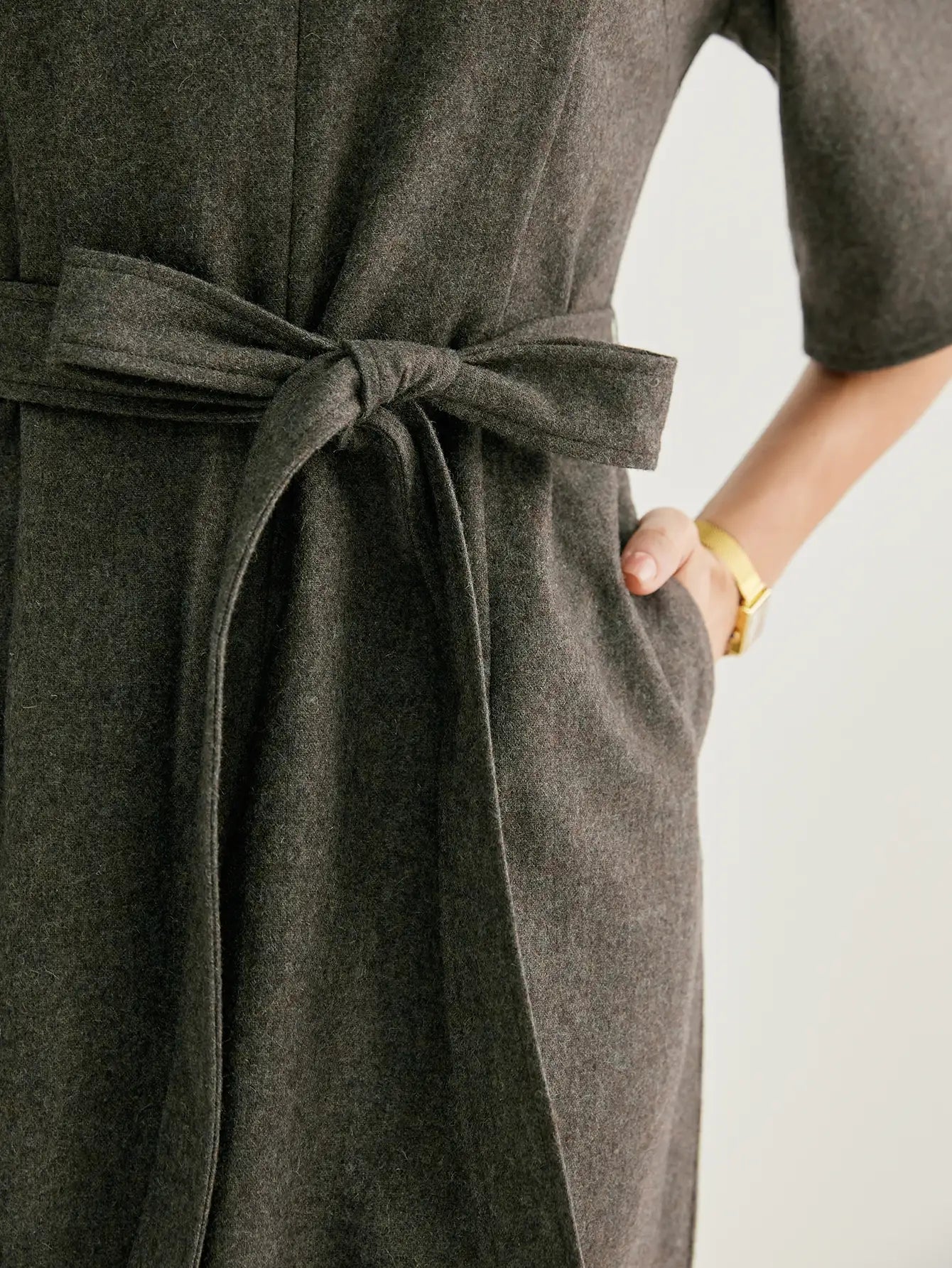 Wool-blend Flared Sleeves Slit Midi Dress With Belt