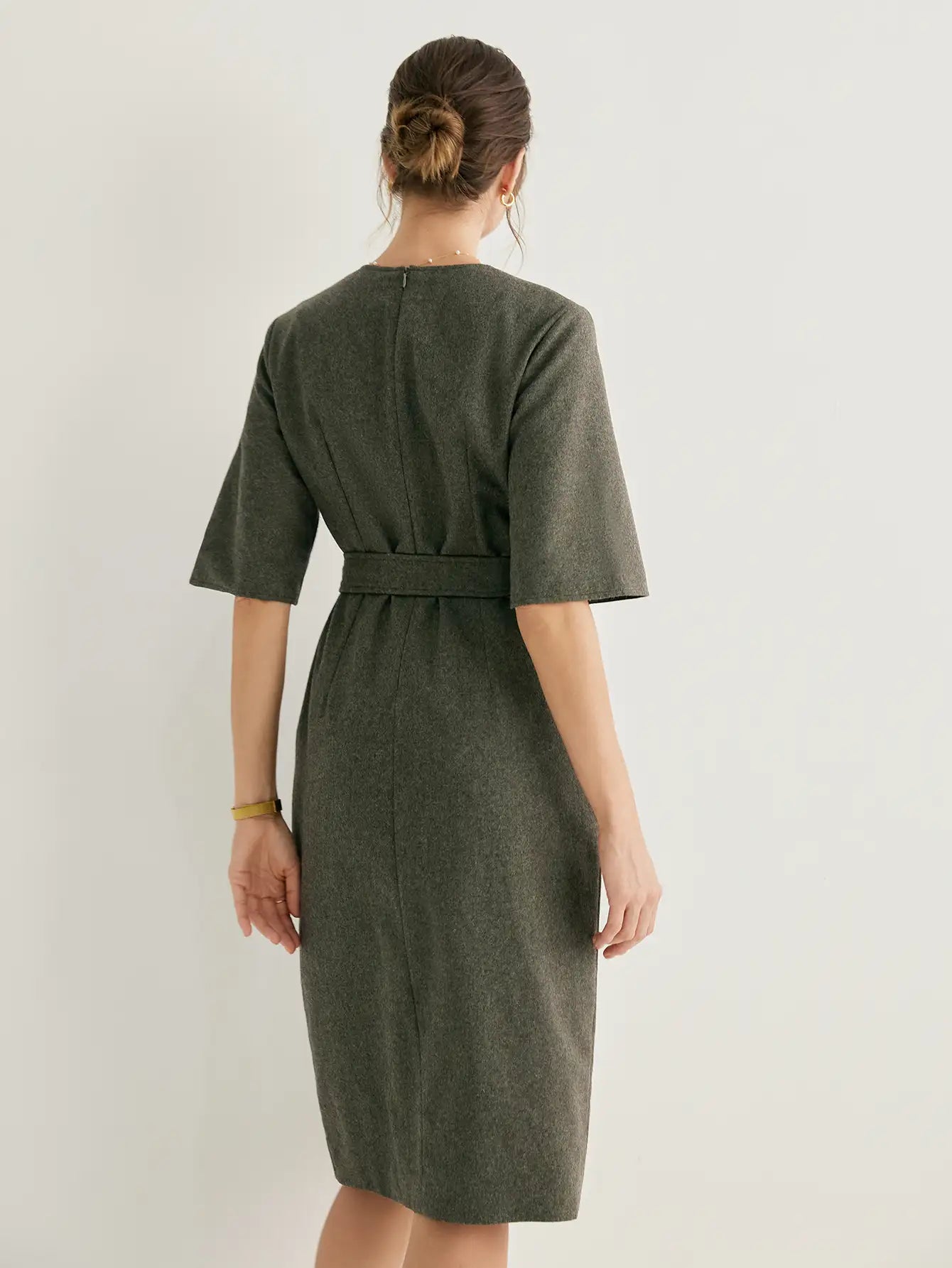 Wool-blend Flared Sleeves Slit Midi Dress With Belt