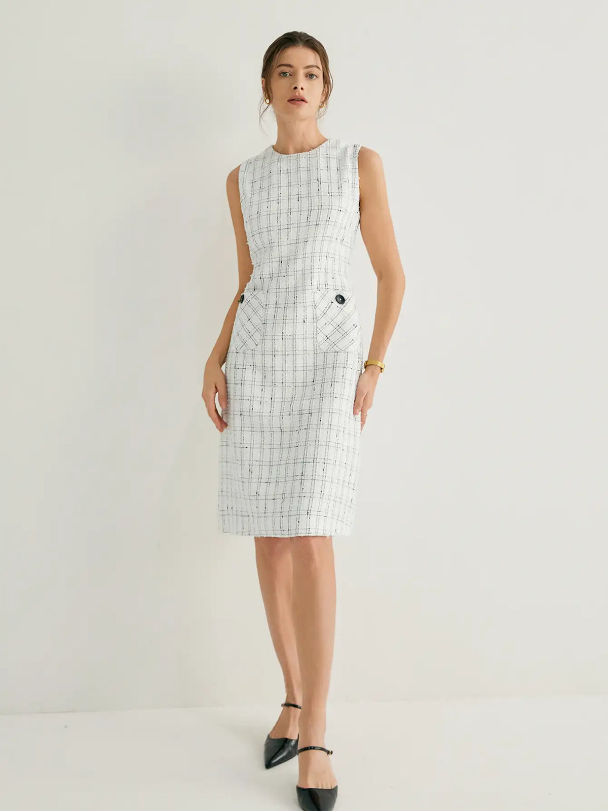 Tweed Crew Neck Grid Pattern Sleeveless Midi Dress