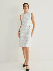 Tweed Crew Neck Grid Pattern Sleeveless Midi Dress