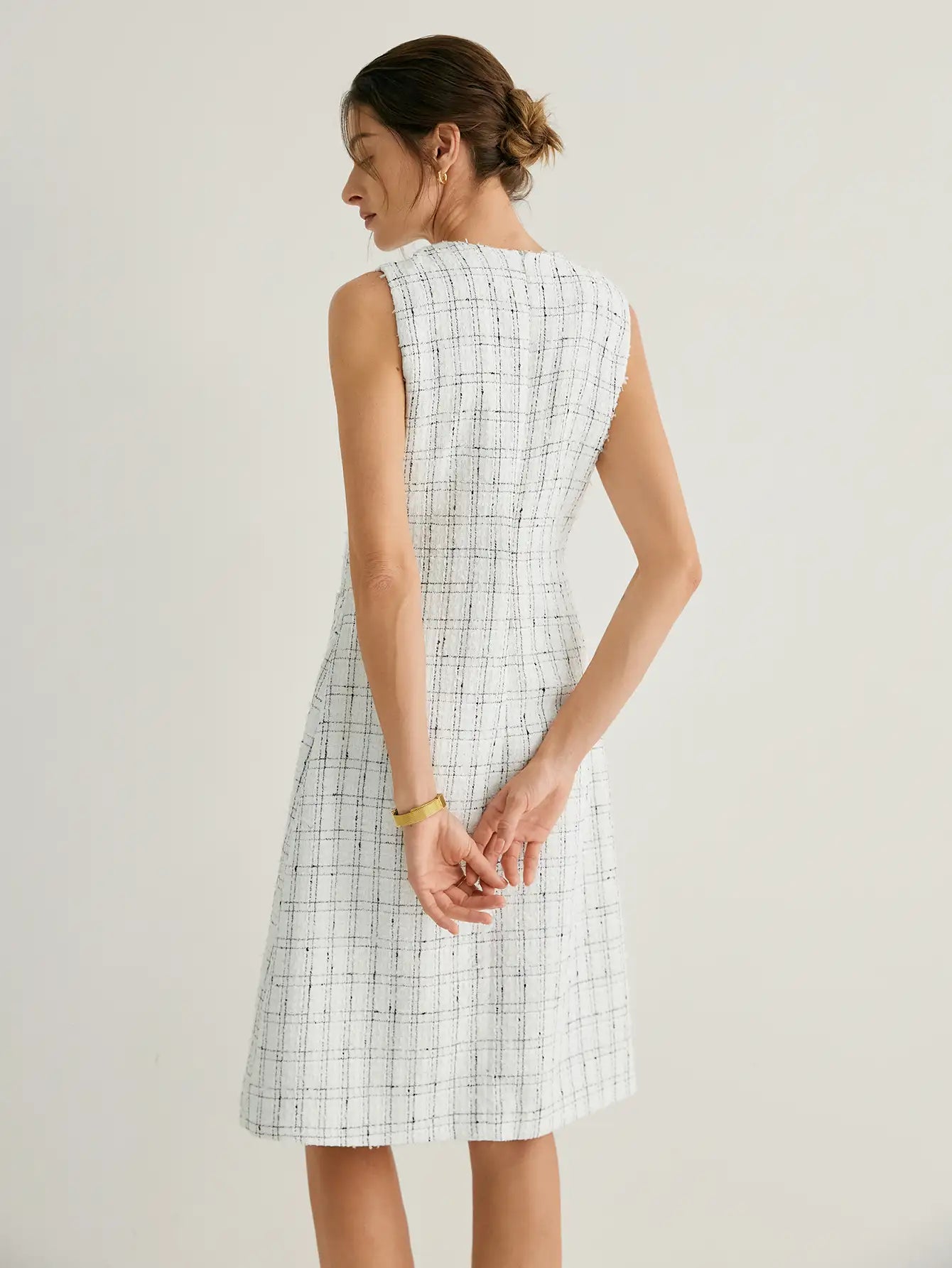 Tweed Crew Neck Grid Pattern Sleeveless Midi Dress