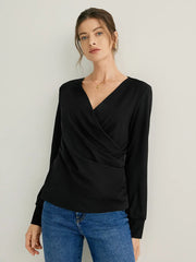 Jersey Knit Side Pleated Wrap Blouse