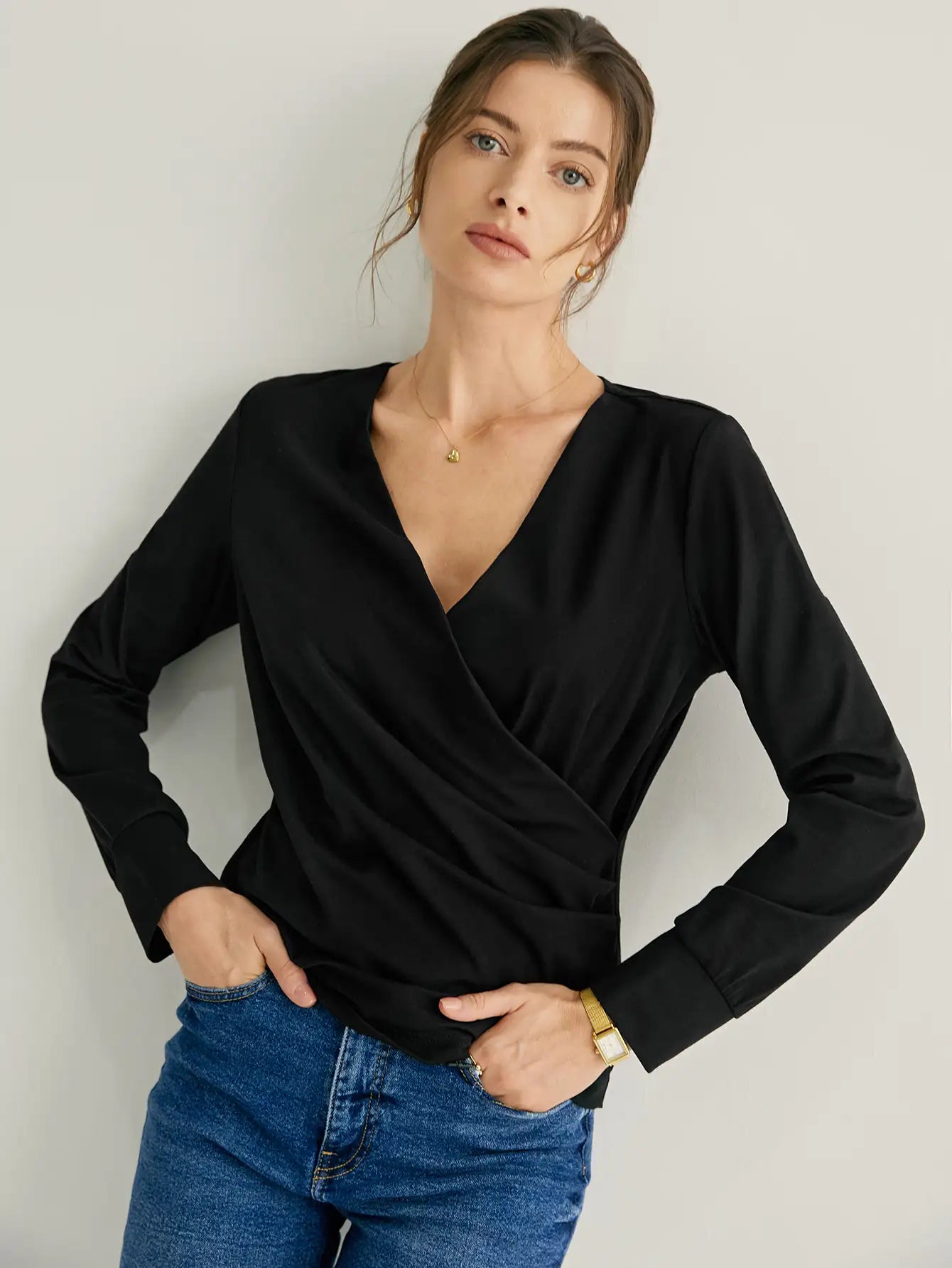 Jersey Knit Side Pleated Wrap Blouse