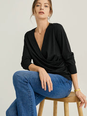 Jersey Knit Side Pleated Wrap Blouse