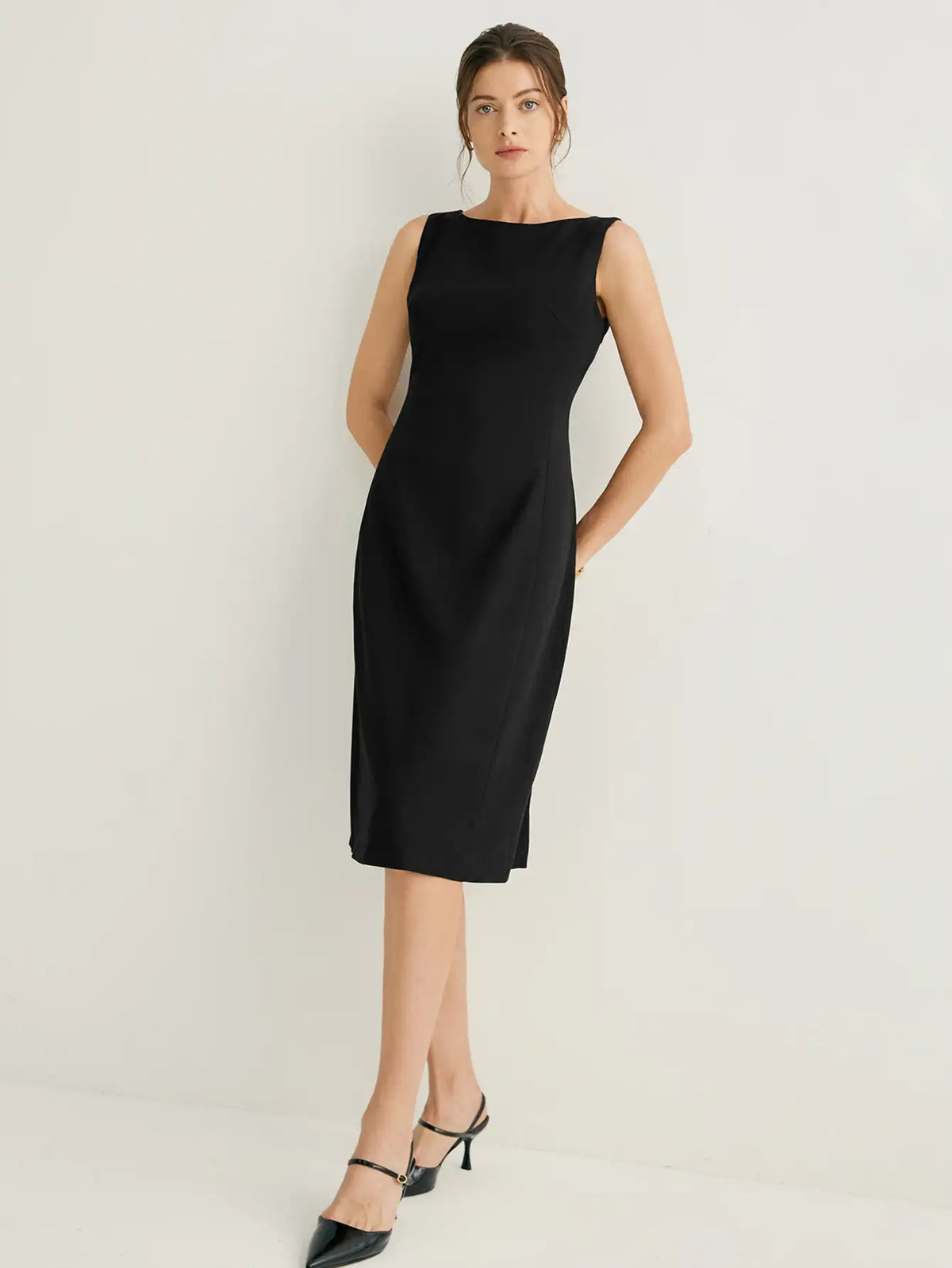 Wool-blend Bateau Neckline Sleeveless Midi Dress