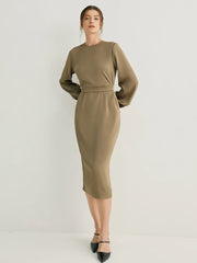 Balloon Sleeves Crew Neck Midi Dress with Belt