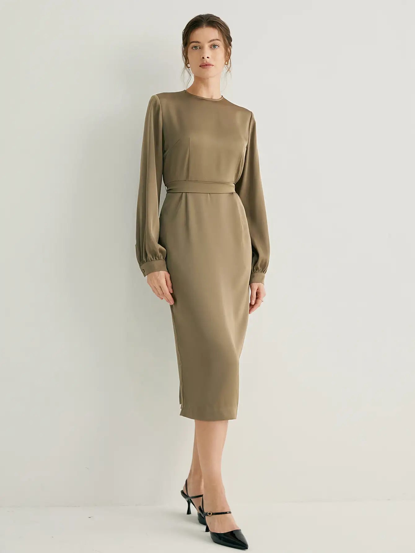 Balloon Sleeves Crew Neck Midi Dress with Belt