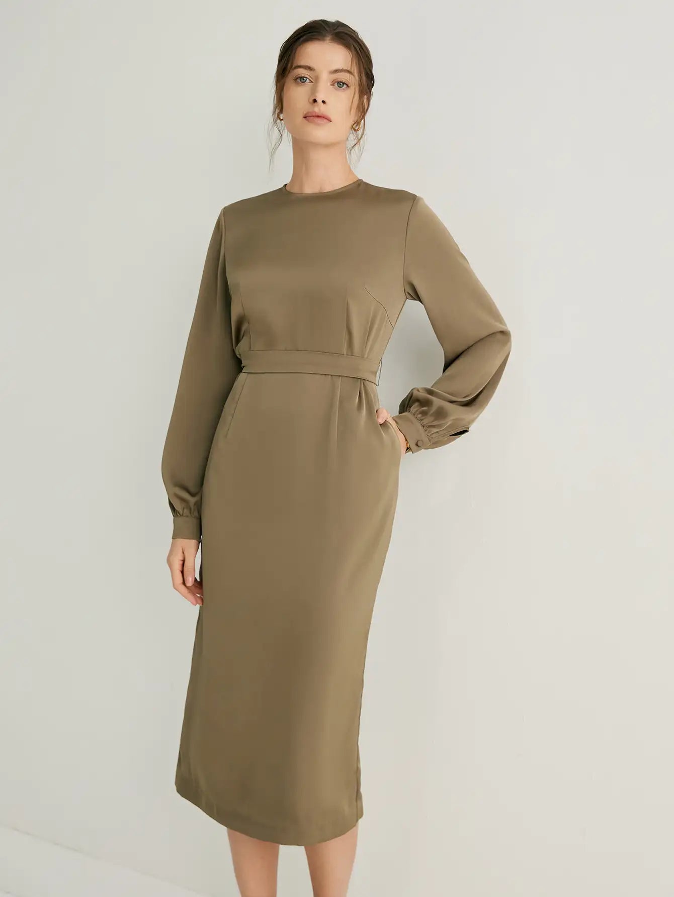 Balloon Sleeves Crew Neck Midi Dress with Belt