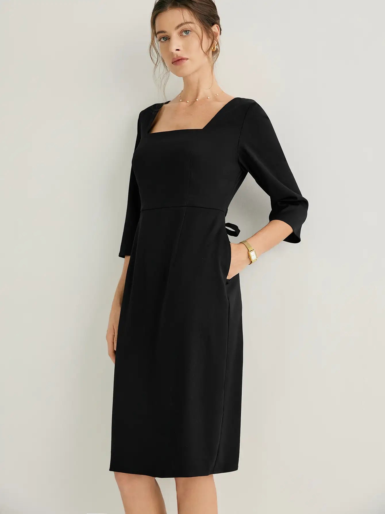 Wool-blend Square Neck 3/4 Sleeves Midi Dress