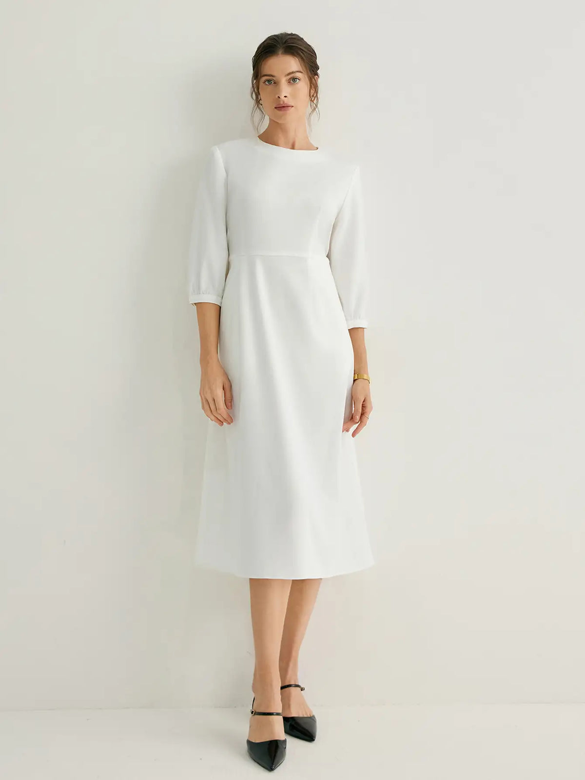 Wool-blend 3/4 Sleeves A-line Midi Dress