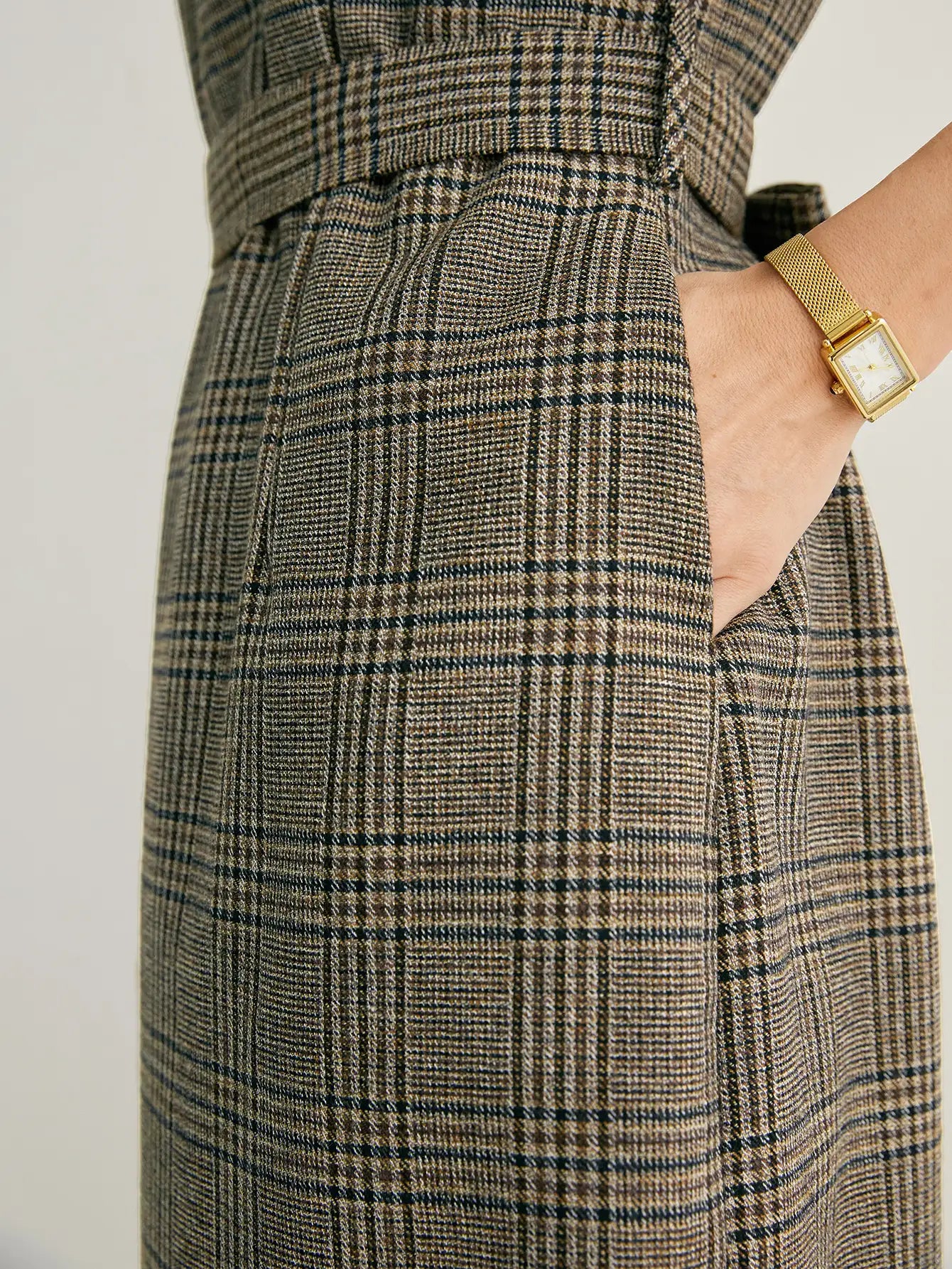 Wool-blend Mock Neck Plaid Midi Dress With Belt