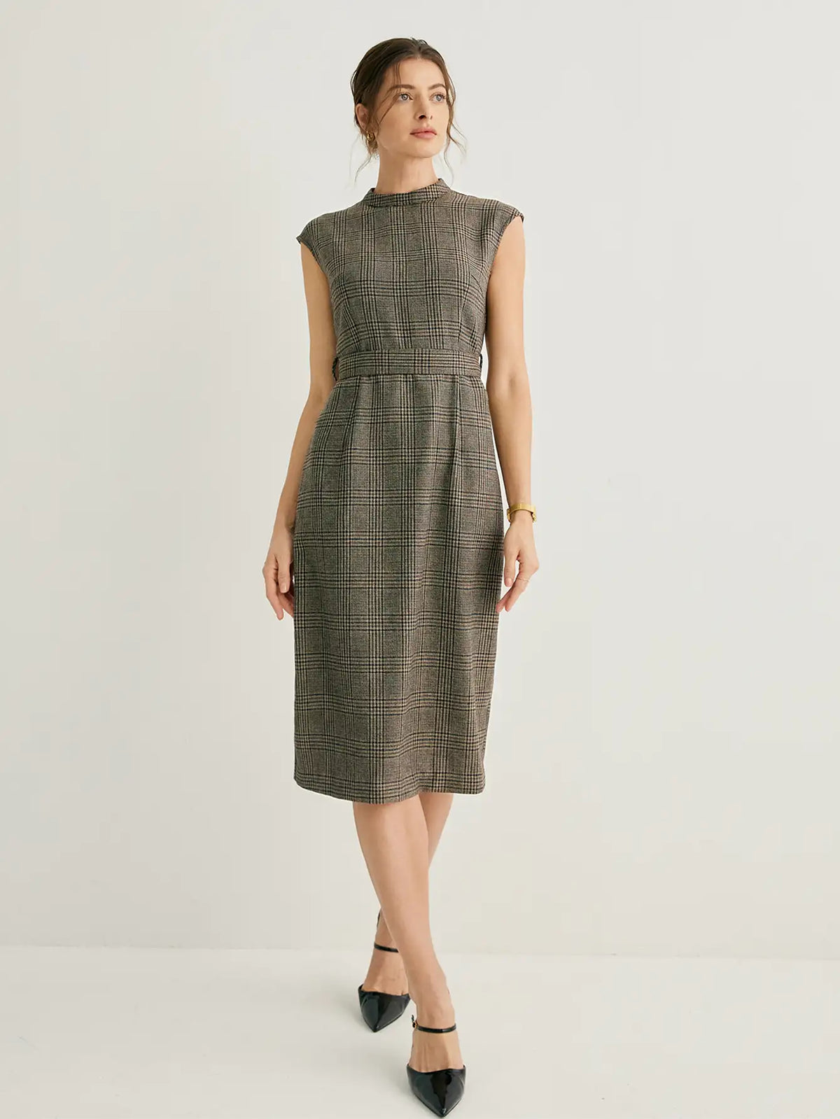 Wool-blend Mock Neck Plaid Midi Dress With Belt