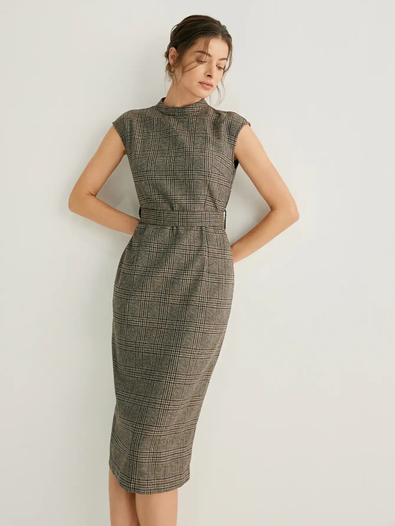 Wool-blend Mock Neck Plaid Midi Dress With Belt