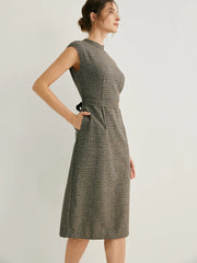 Wool-blend Mock Neck Plaid Midi Dress With Belt