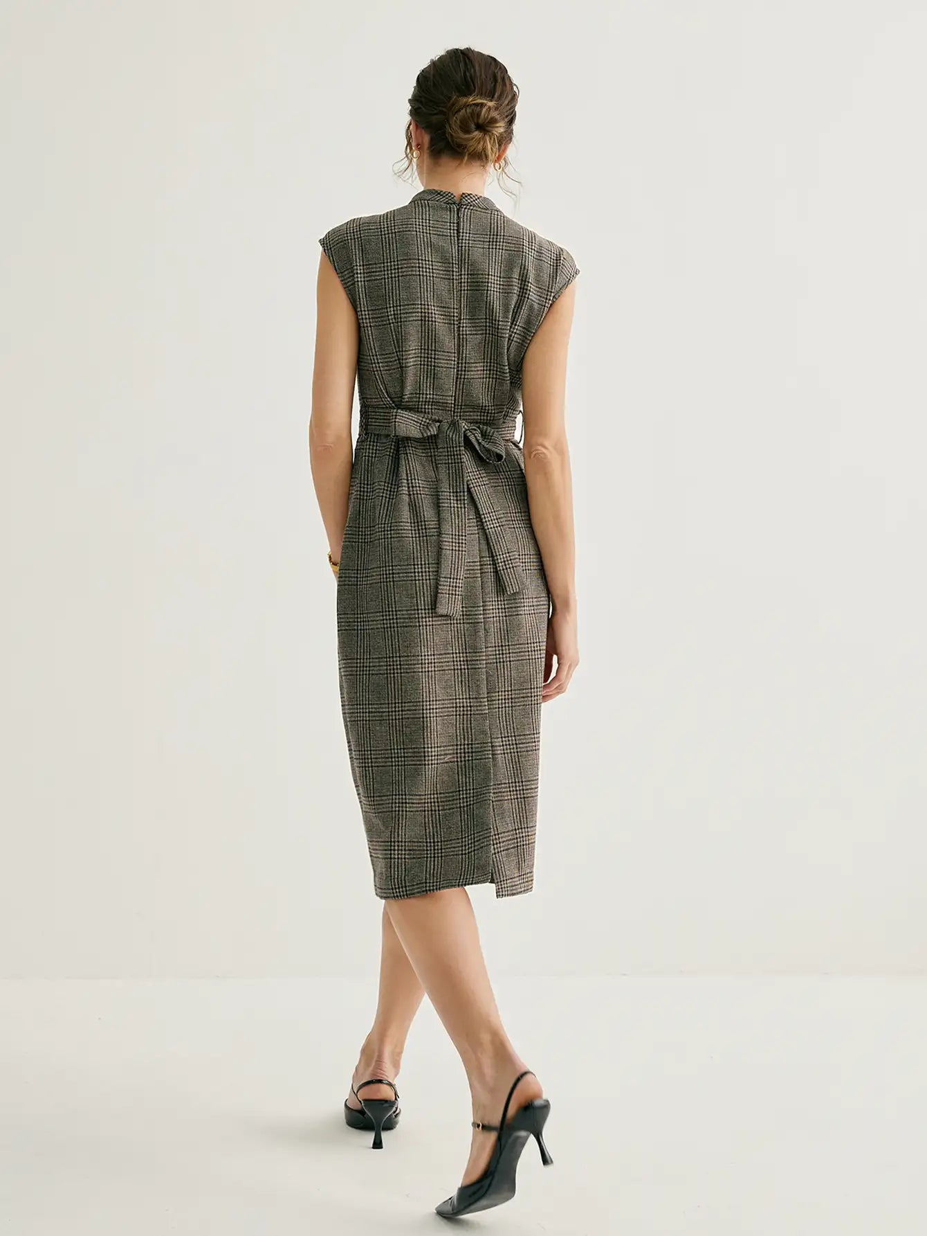 Wool-blend Mock Neck Plaid Midi Dress With Belt