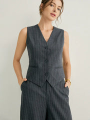 Wool-blend Vertical Stripes Button-Up Vest