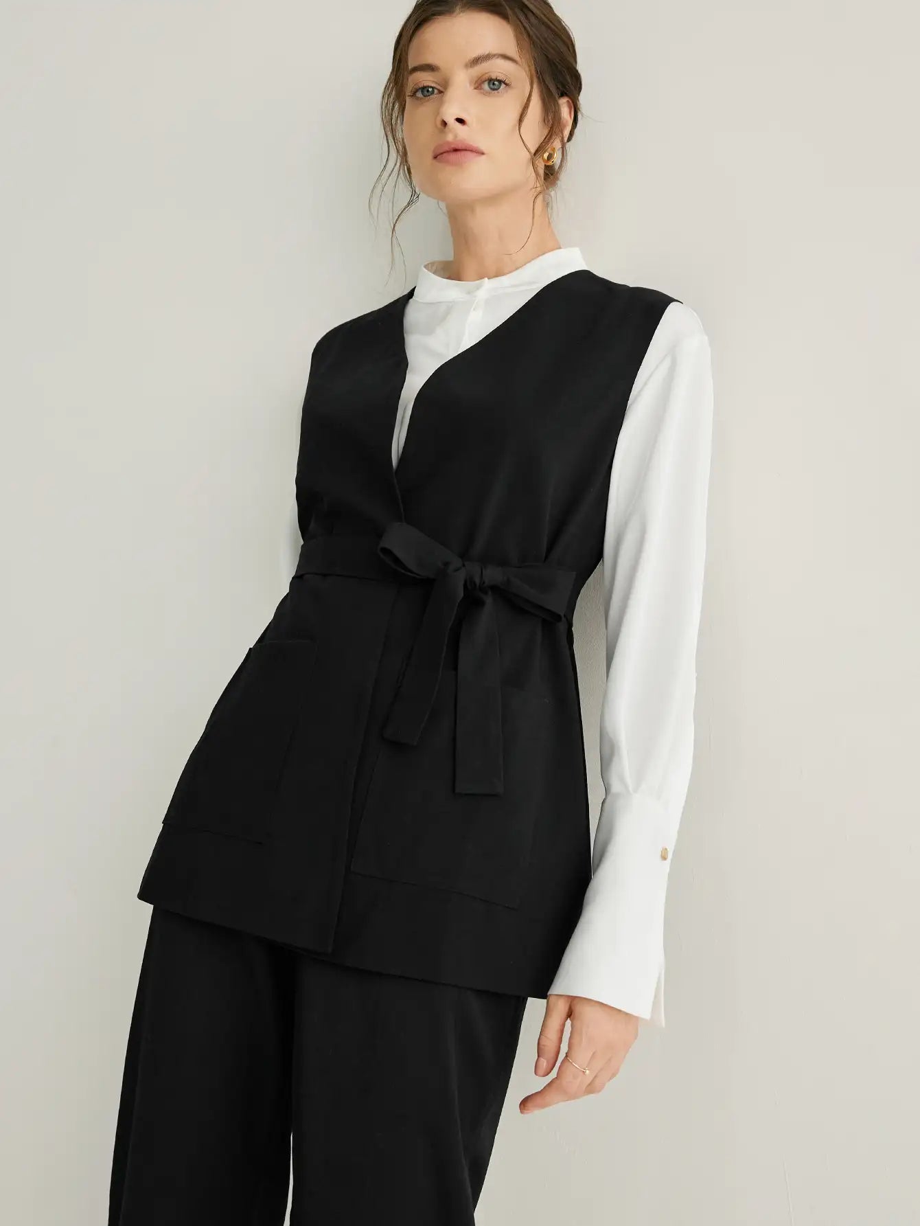 Wool-blend V-Neck Wrap Vest With Belt