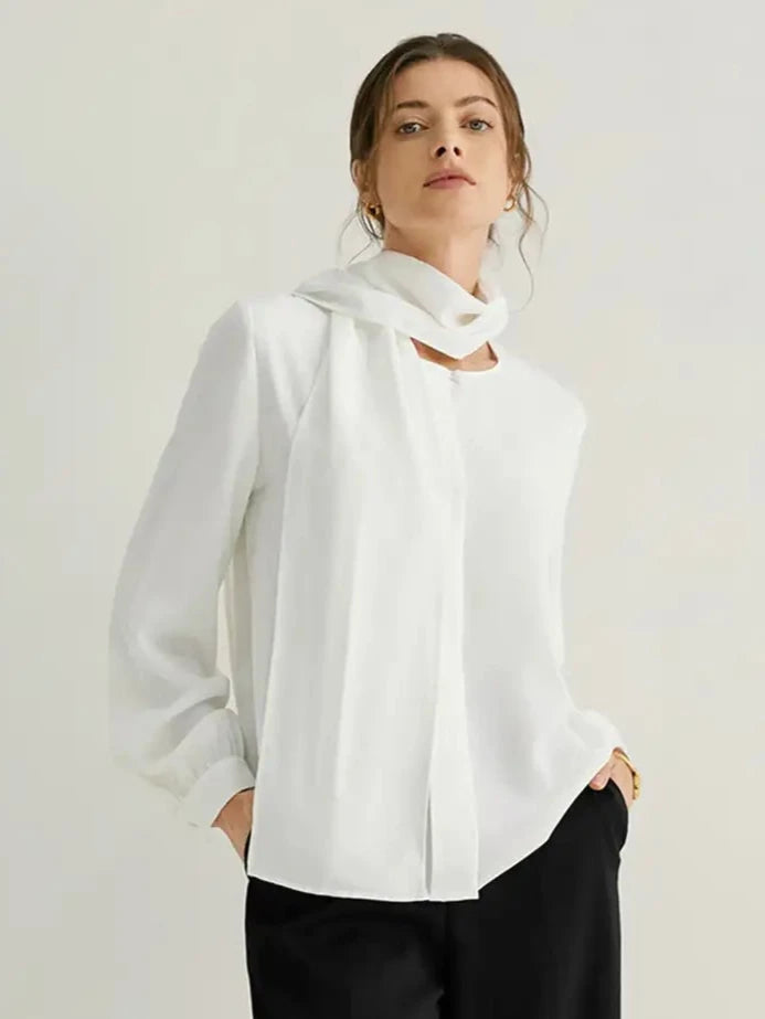 Balloon Sleeves Crew Neck Blouse With Long Scarf