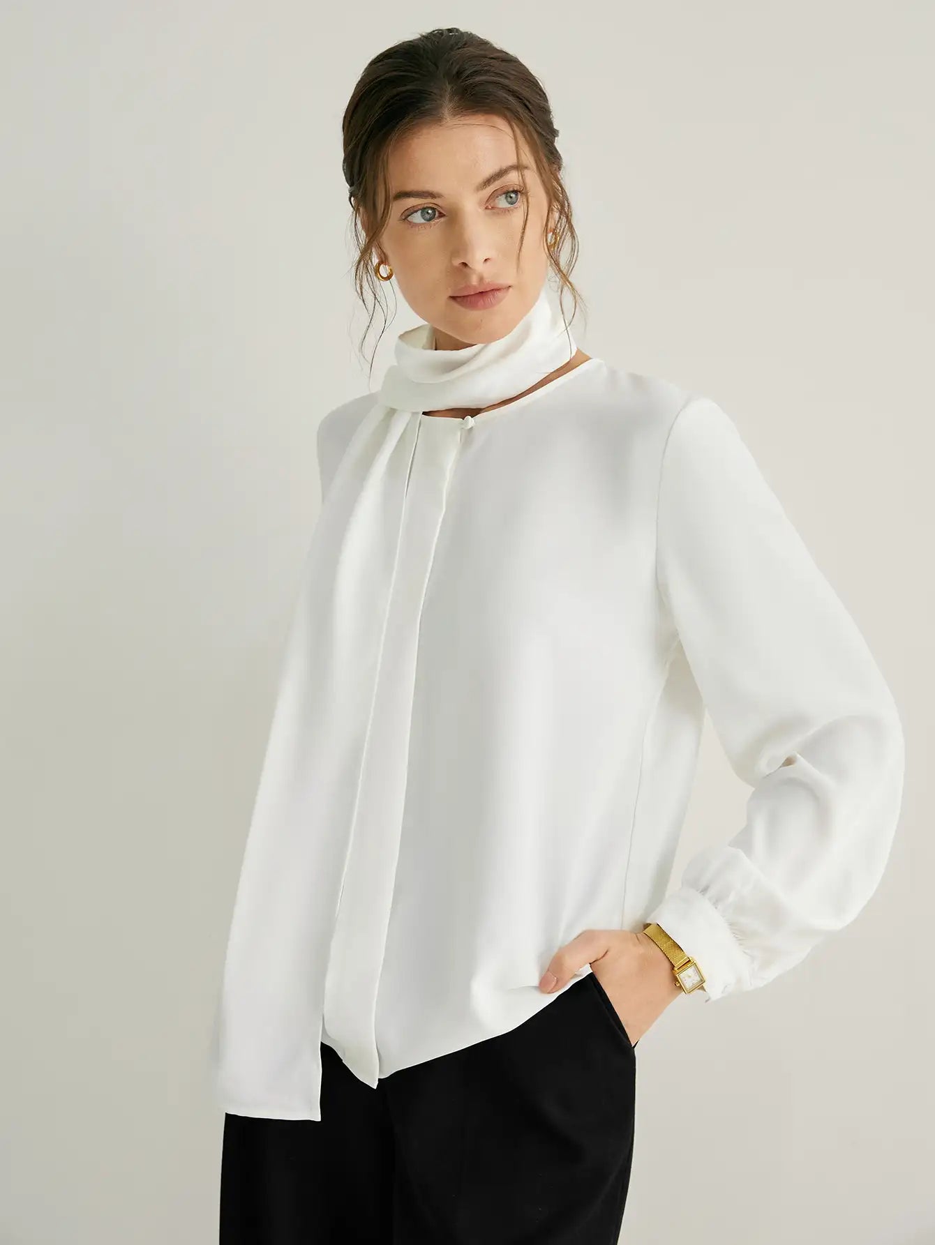 Balloon Sleeves Crew Neck Blouse With Long Scarf