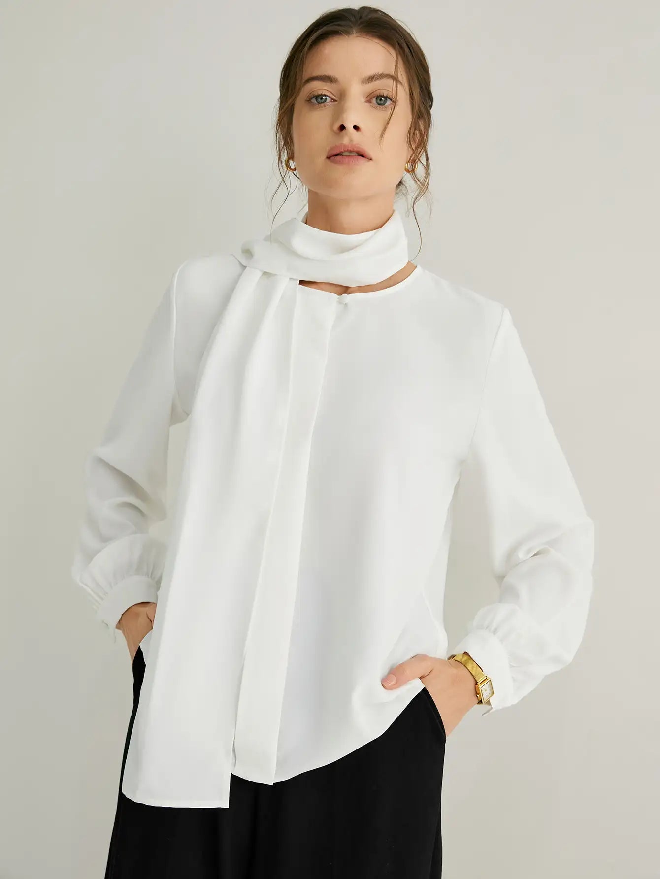 Balloon Sleeves Crew Neck Blouse With Long Scarf