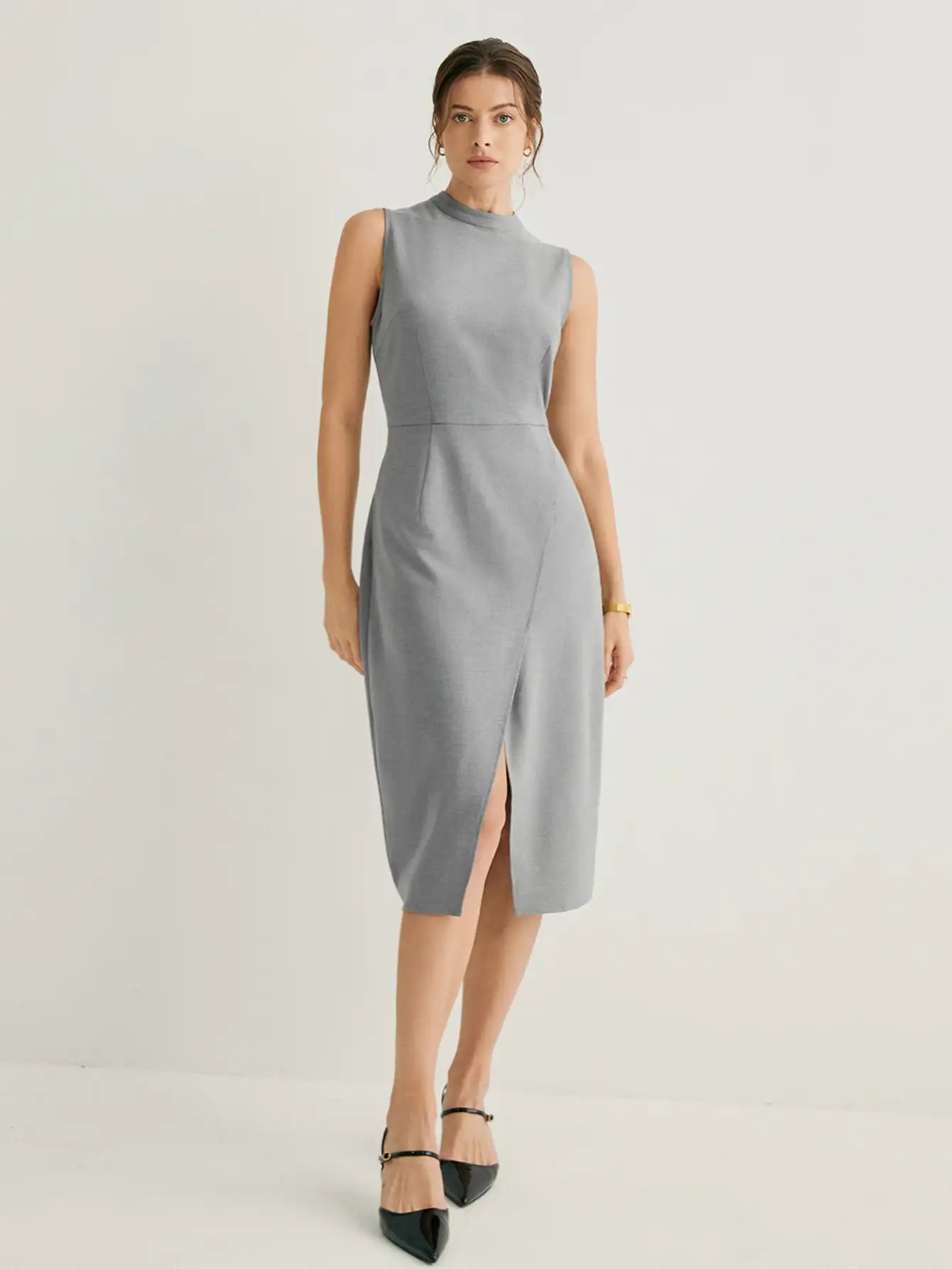 Cashmere-blend Mock Neck Slit Midi Dress