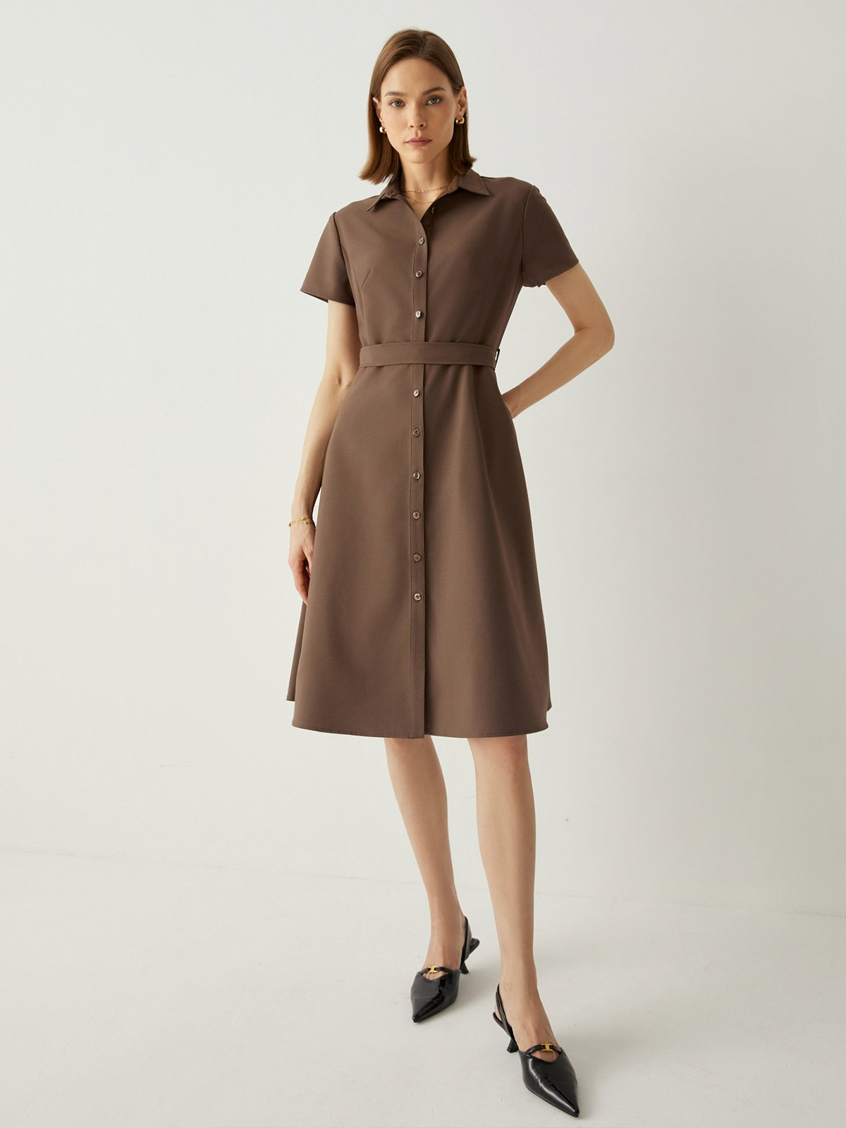 Short Sleeves Shirt Dress With Detachable Belt