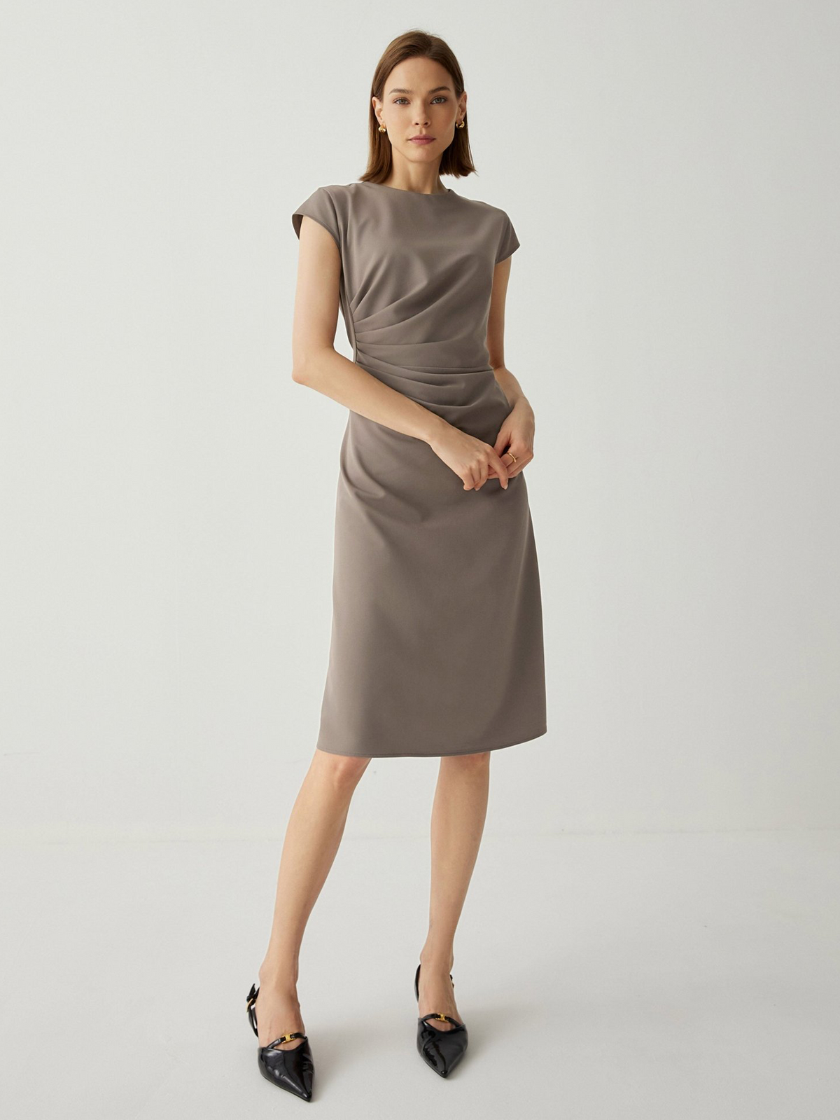 Wool-blend Trendy Pleated Cap Sleeves Midi Dress