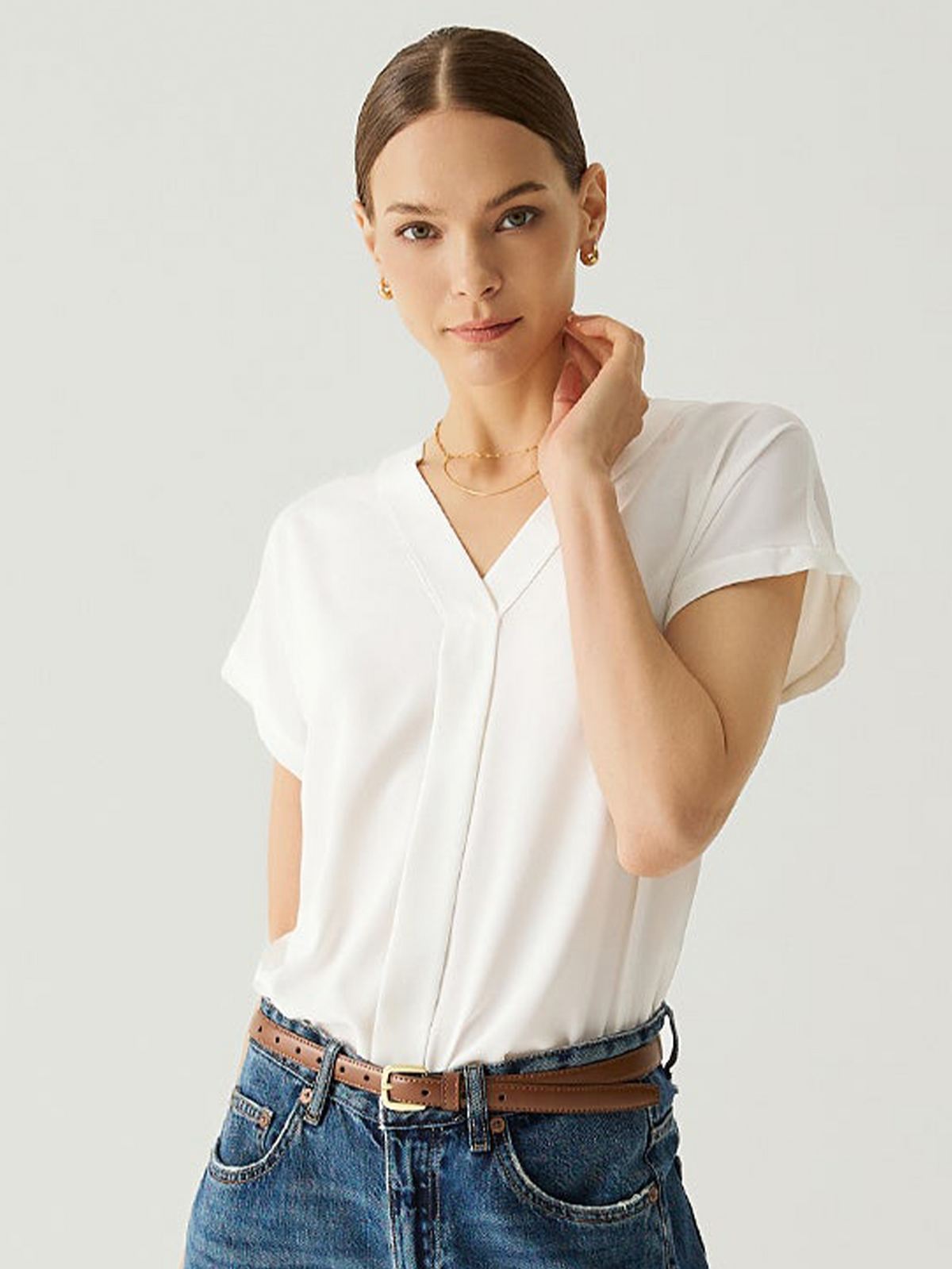 Roll-Up Cuffs Short Sleeves V-Neck Blouse