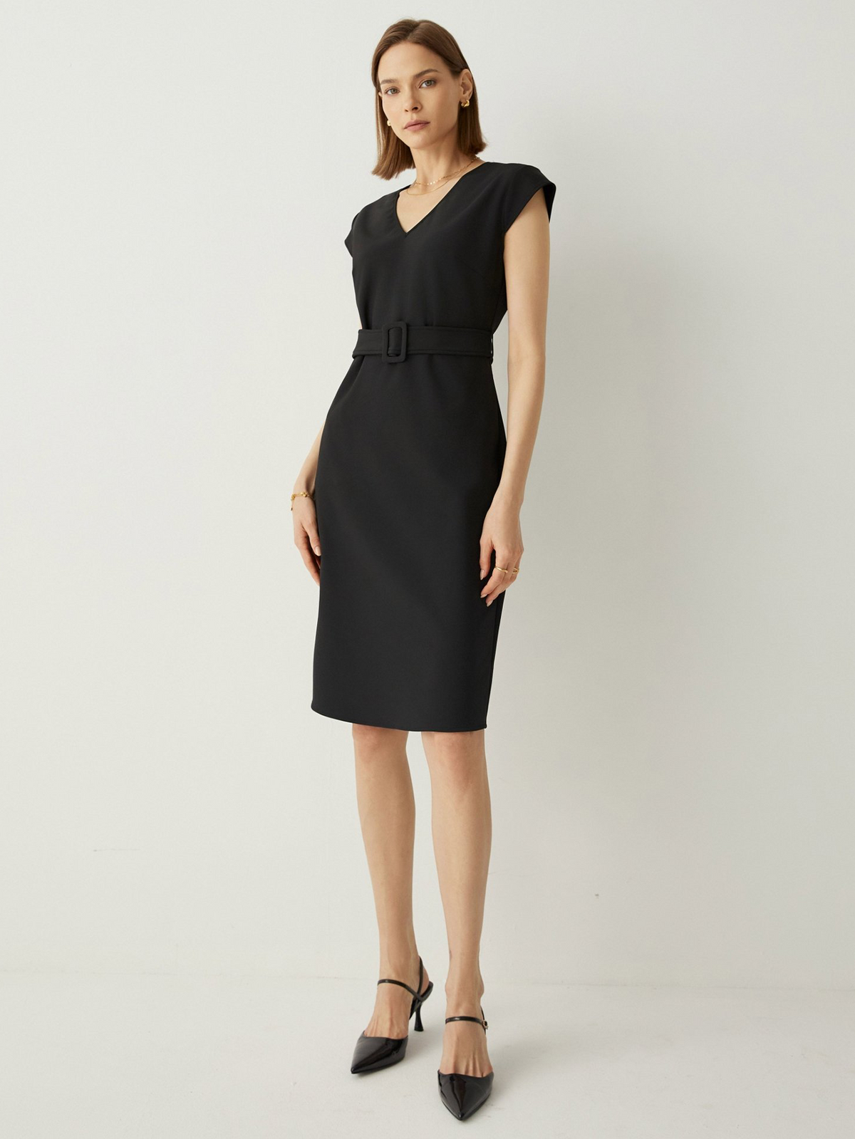 Cap Sleeves Tailored Fit Midi Dress With Detachable Belt