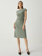 Wool-blend Trendy Pleated Cap Sleeves Midi Dress