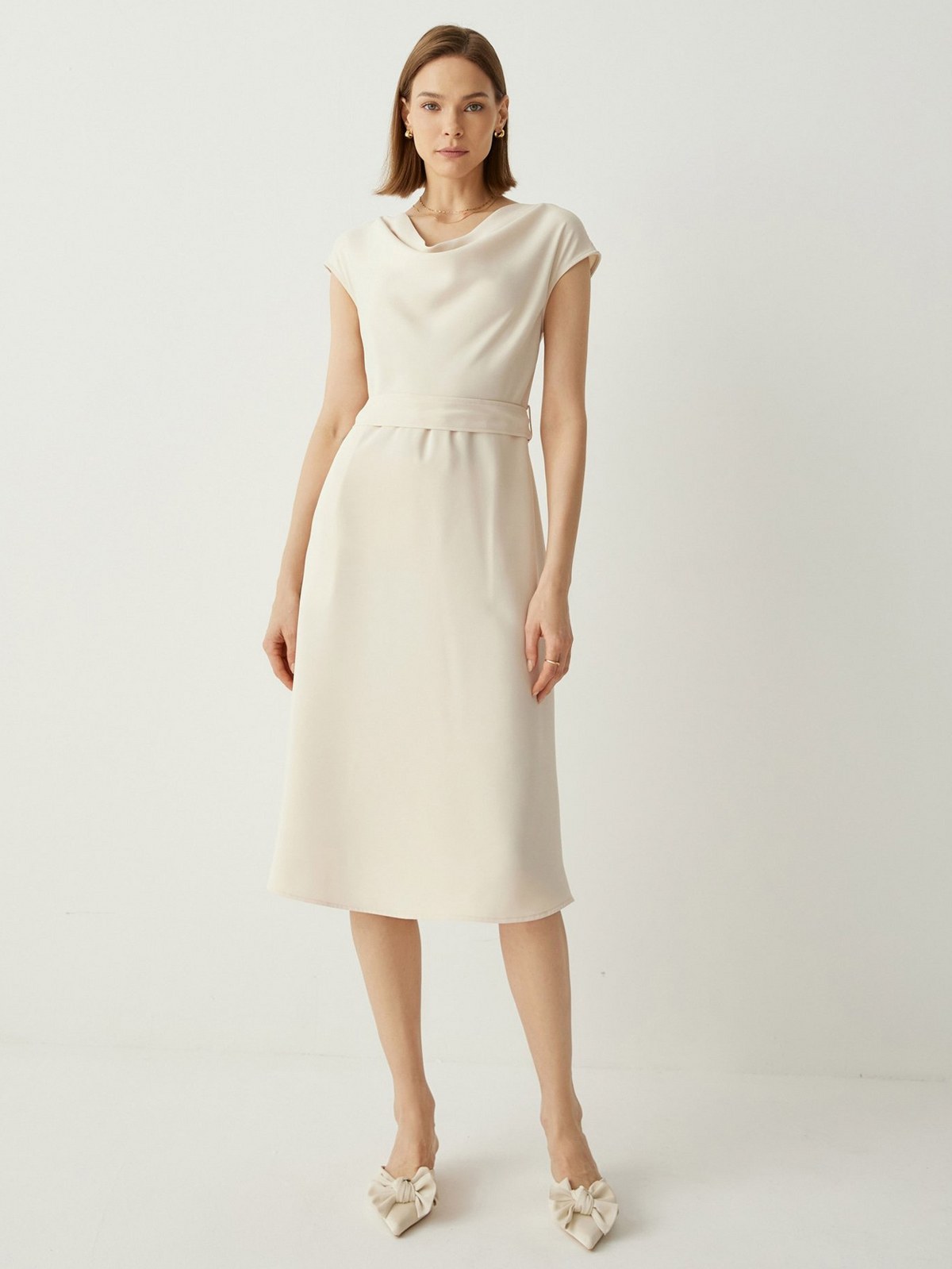 Cowl Neck Cap Sleeves Midi Dress With Detachable Belt