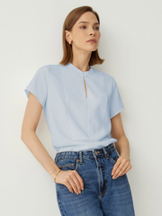 Keyhole Neck Short Sleeves Relaxed Fit Blouse