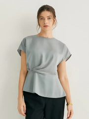 Side Pleated Peplum Hem Cap Sleeves Blouse