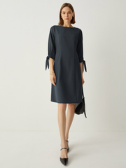 Recycled-Fiber-Blend Tie-Cuff 3/4 Sleeves Classic Shift Dress