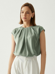 Silk Pleated Neckline Cap Sleeves Blouse