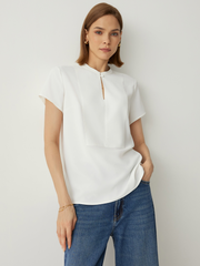 Keyhole Neck Short Sleeves Relaxed Fit Blouse