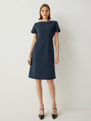 Wool-blend Short Sleeves Classic Midi Dress with Side Pockets