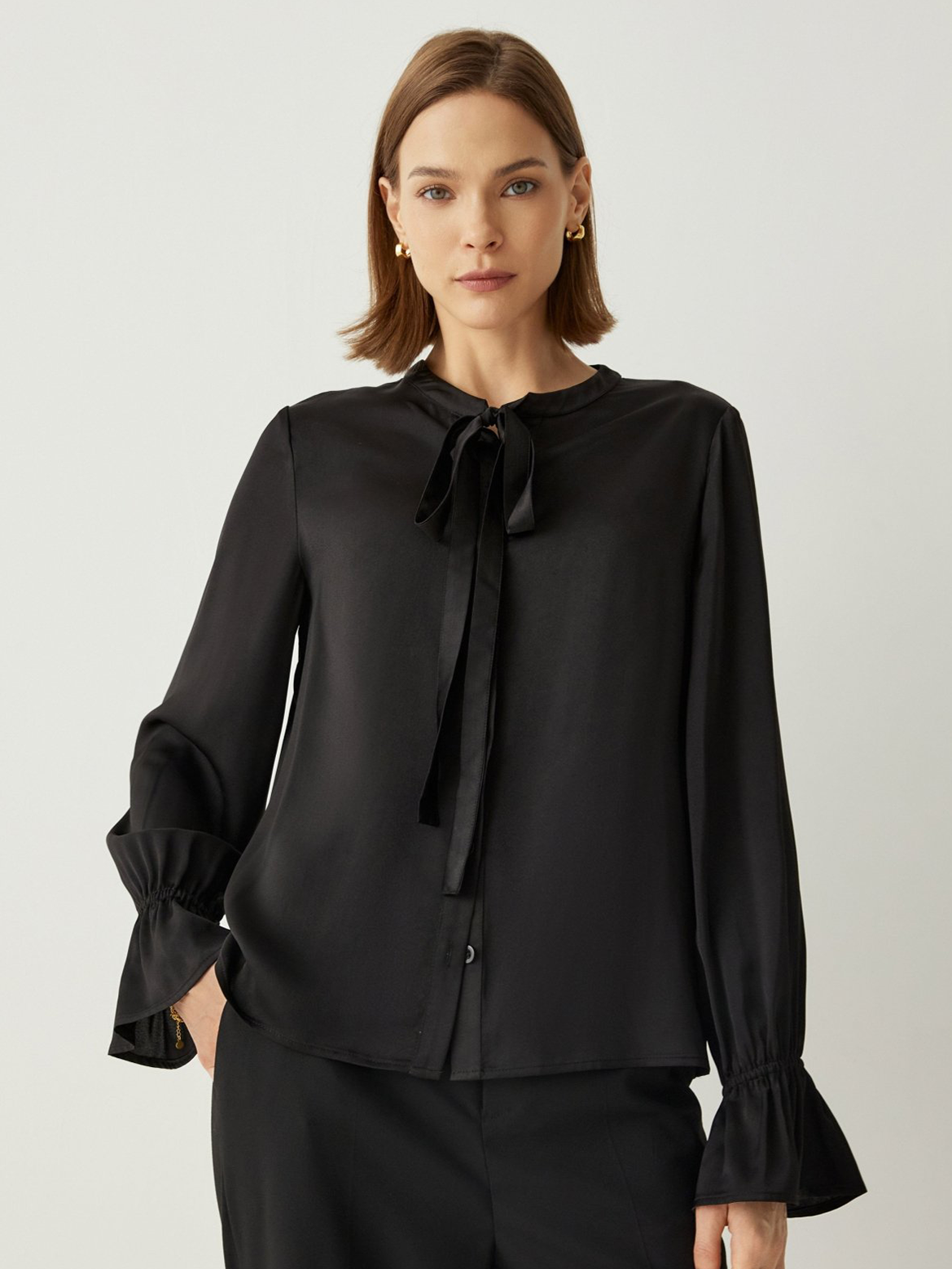 Bow Tie Neck Ruffle Sleeves Relaxed Fit Blouse