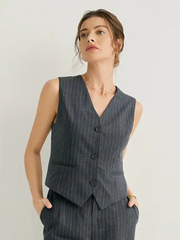 Wool-blend Vertical Stripes Button-Up Vest