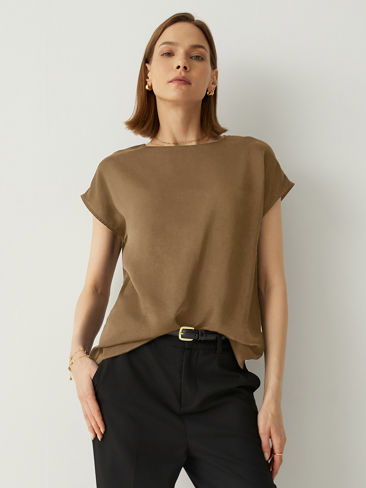 Silk Crew Neck Cap Sleeves Top