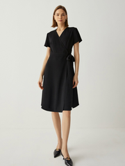 V-Neck Short Sleeves A-Line Midi Wrap Dress