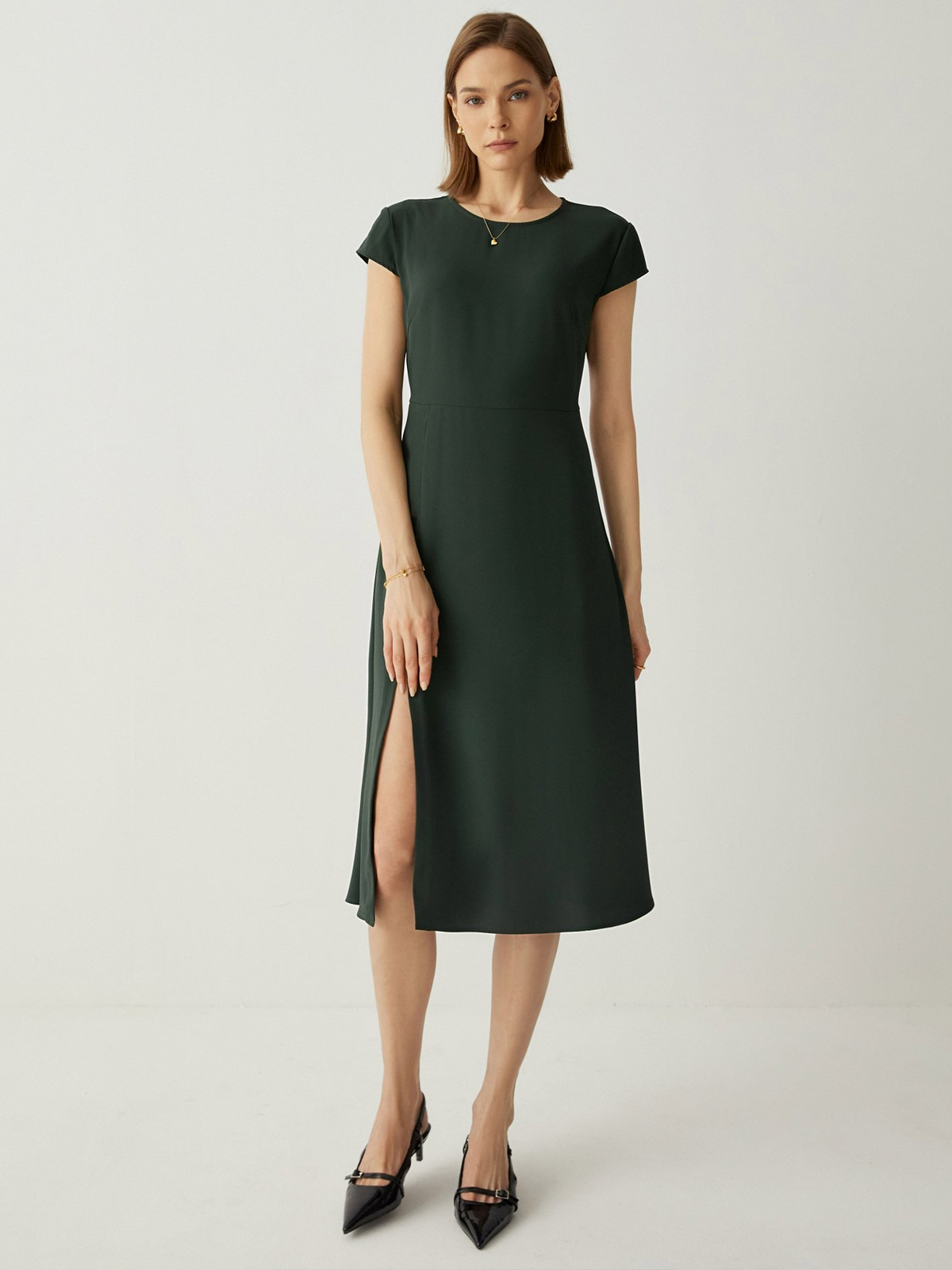 Side Slit Cap Sleeves A-Line Midi Dress