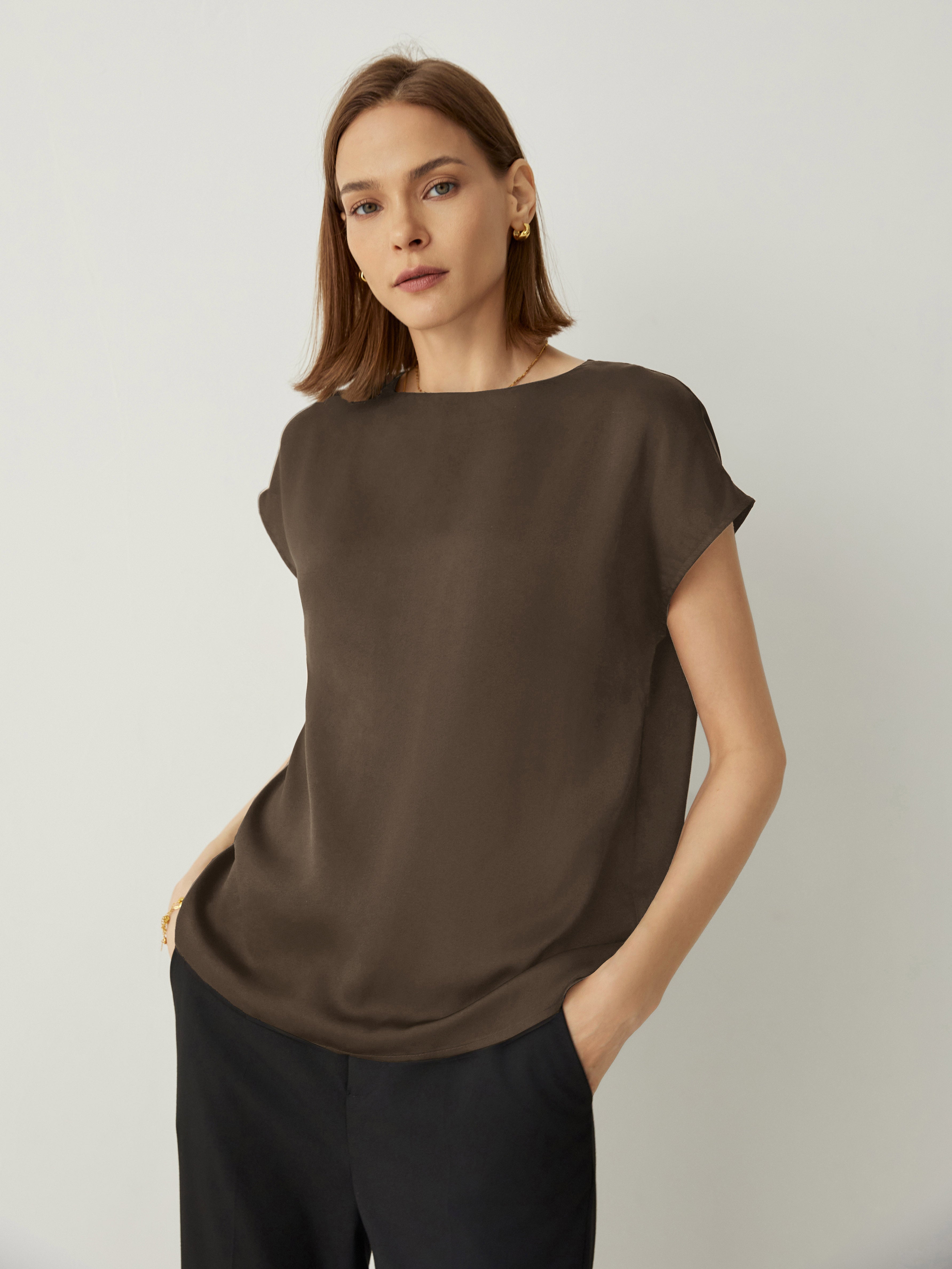 Crew Neck Cap Sleeves Relaxed Fit Top