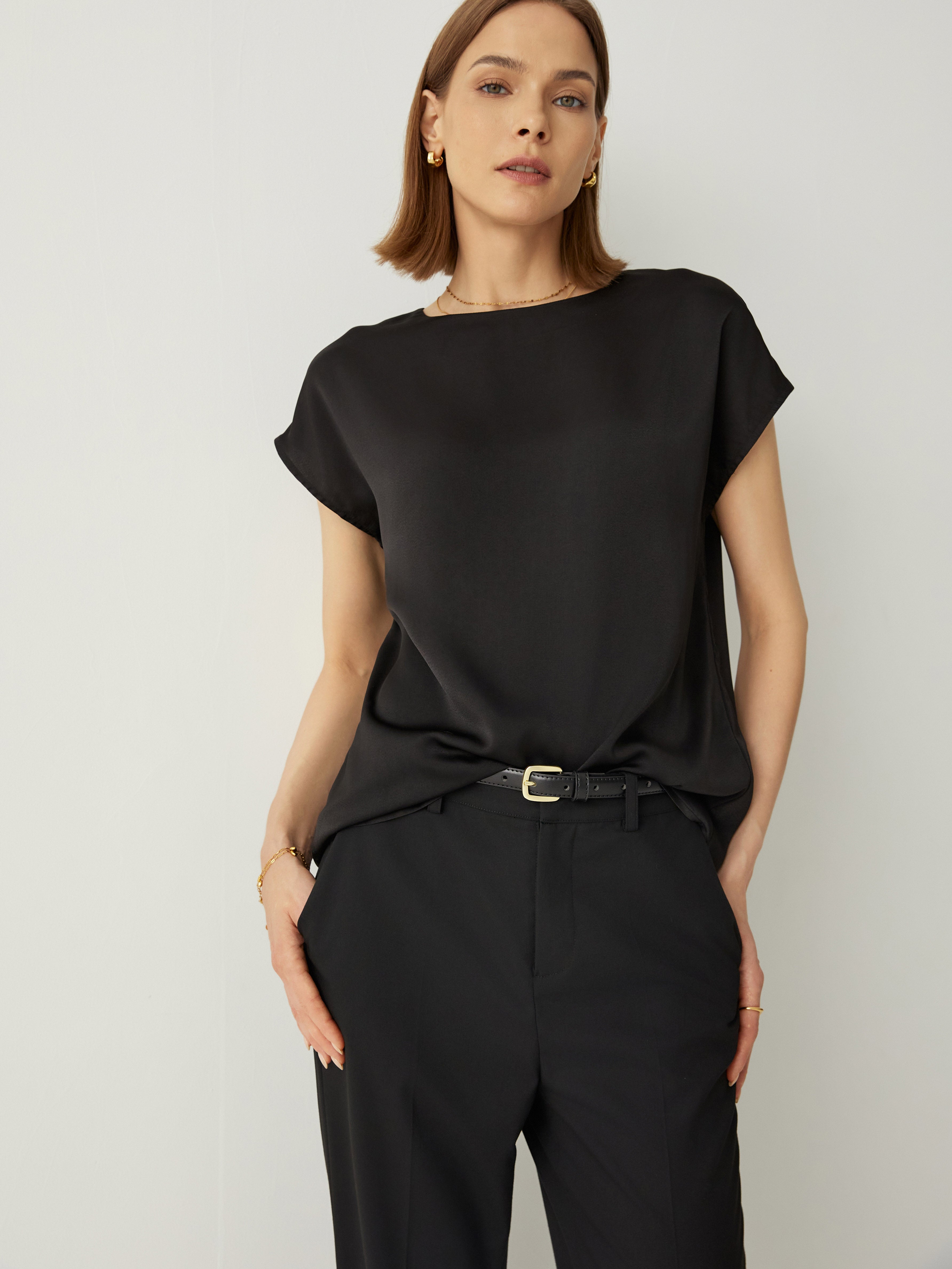 Silk Crew Neck Cap Sleeves Top