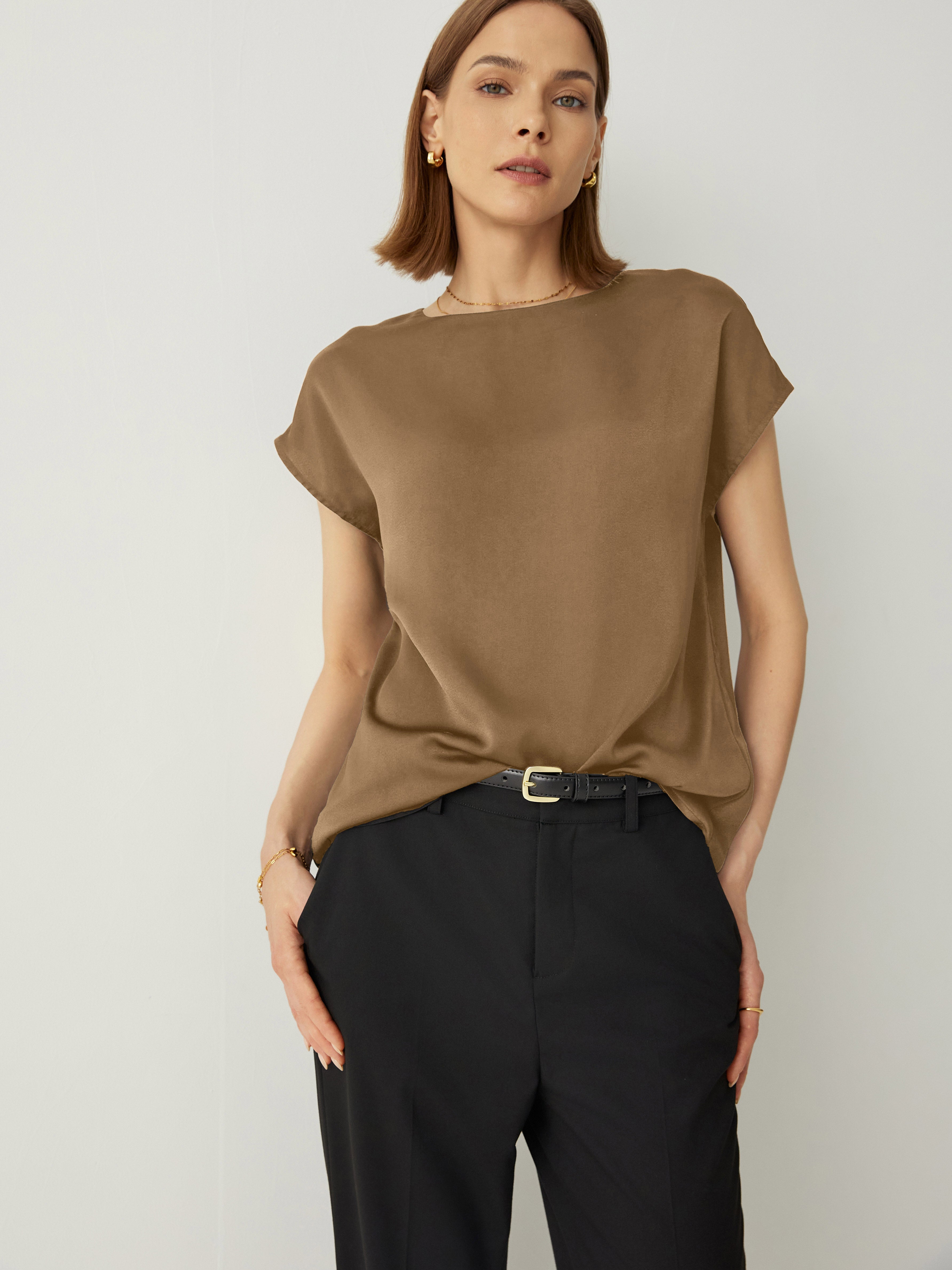 Silk Crew Neck Cap Sleeves Top