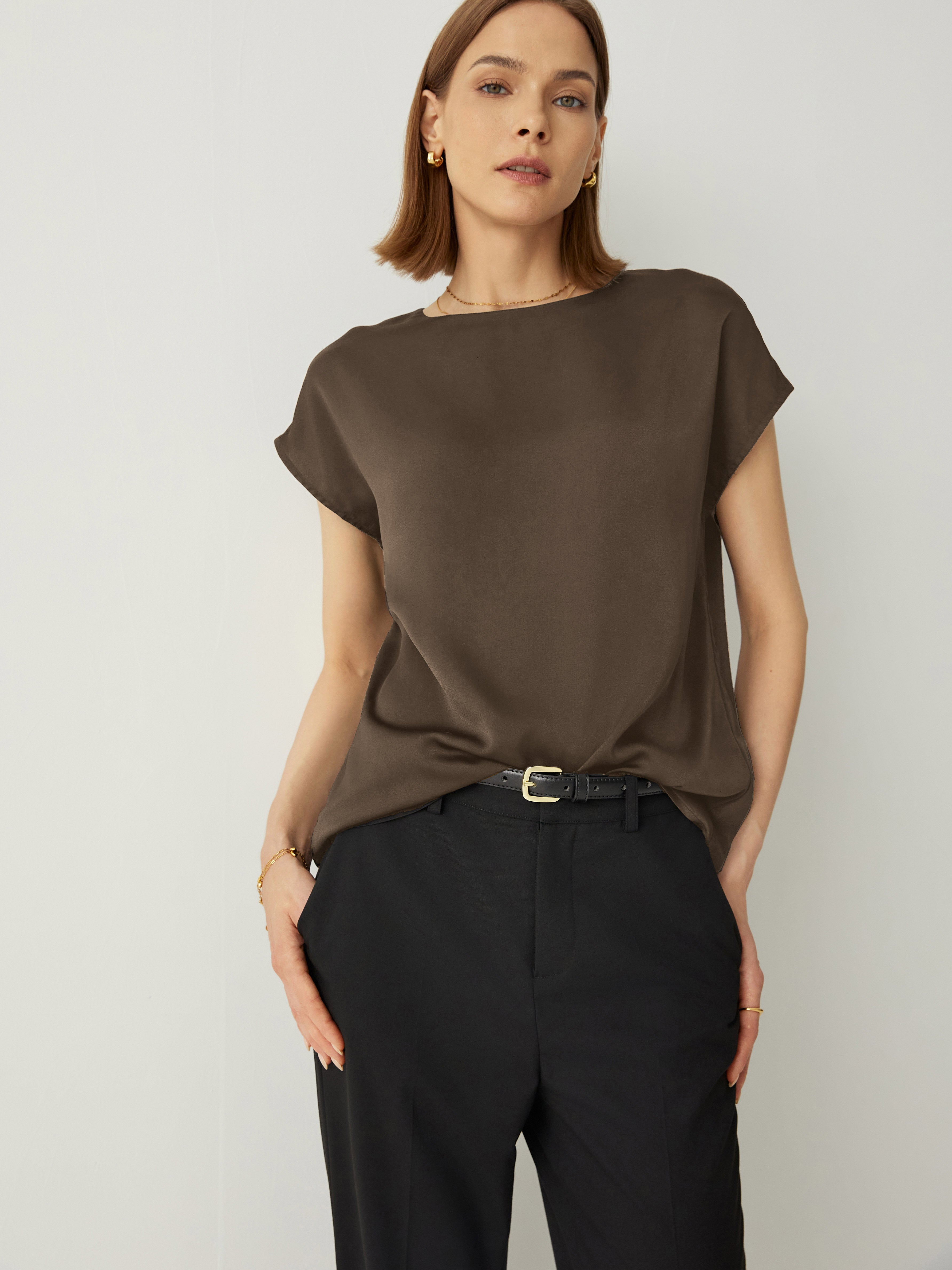 Crew Neck Cap Sleeves Relaxed Fit Top